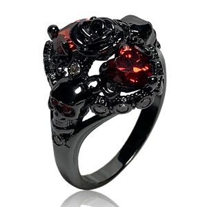 Gothic Vintage Black Flower Rose Heart Skull Ring